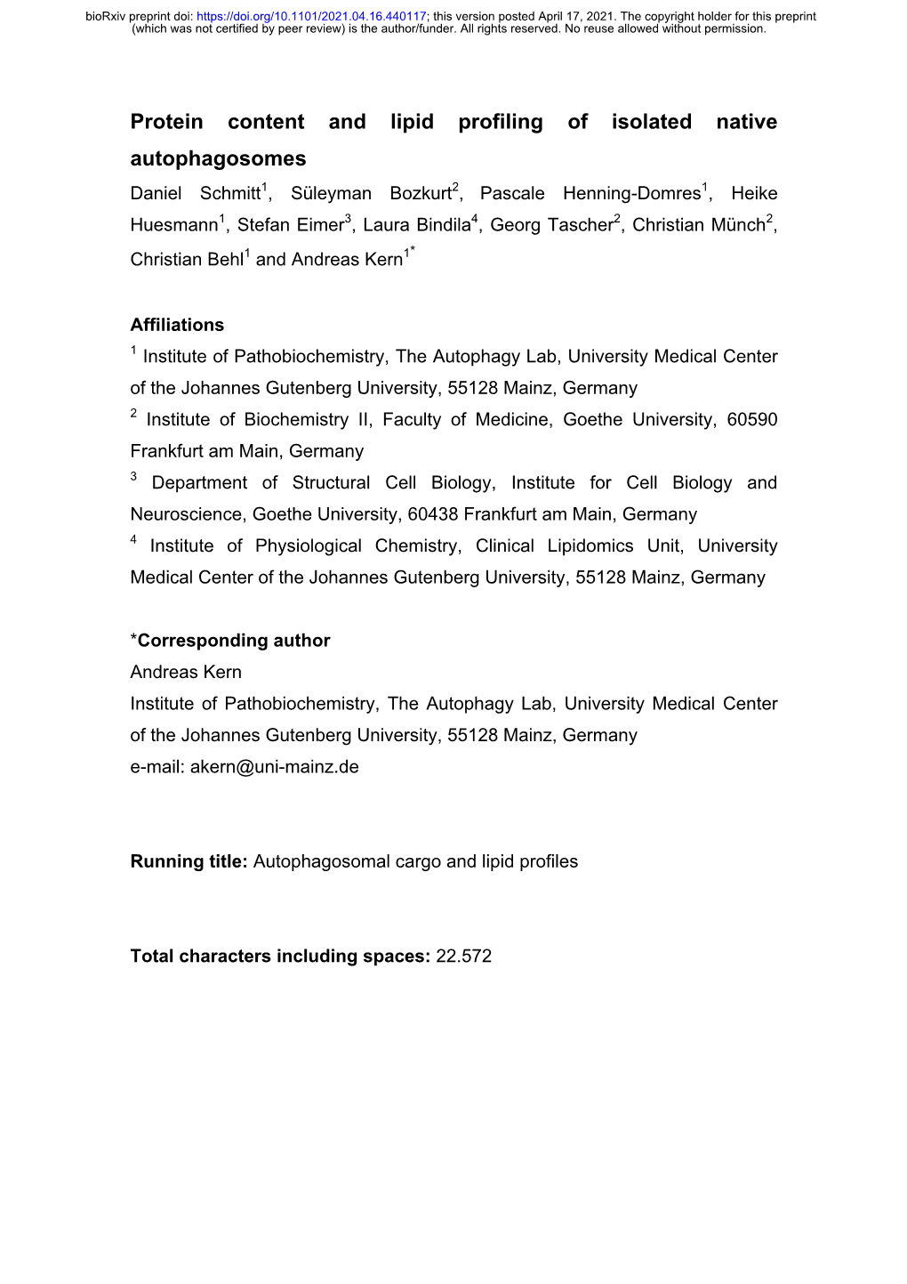 Protein Content and Lipid Profiling of Isolated Native Autophagosomes