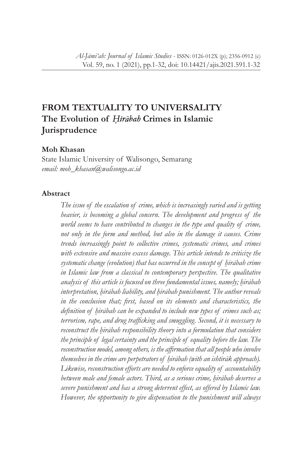 FROM TEXTUALITY to UNIVERSALITY the Evolution of Ḥirābah Crimes in Islamic Jurisprudence