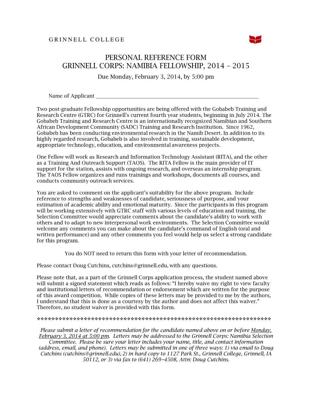 Personal Reference Form Grinnell Corps: Namibia Fellowship, 2014 – 2015