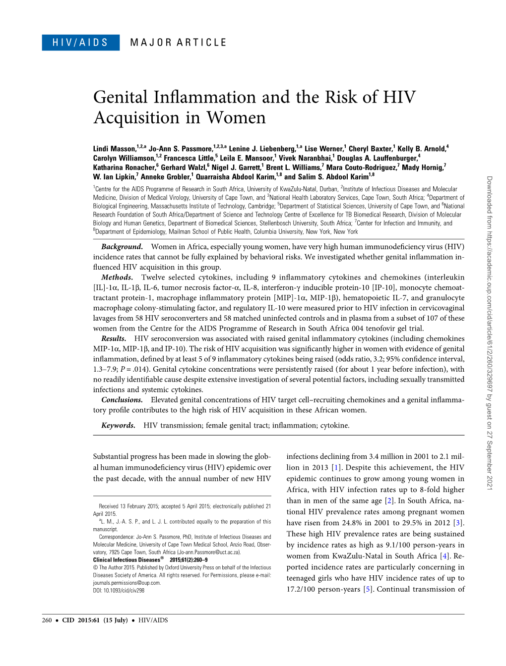 Genital Inflammation and the Risk of HIV Acquisition in Women