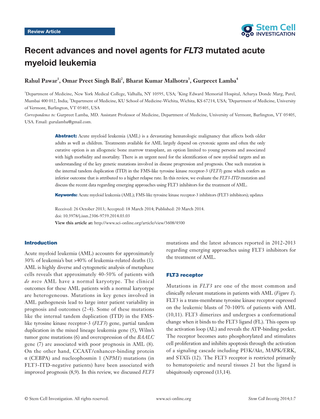 Recent Advances and Novel Agents for FLT3 Mutated Acute Myeloid Leukemia