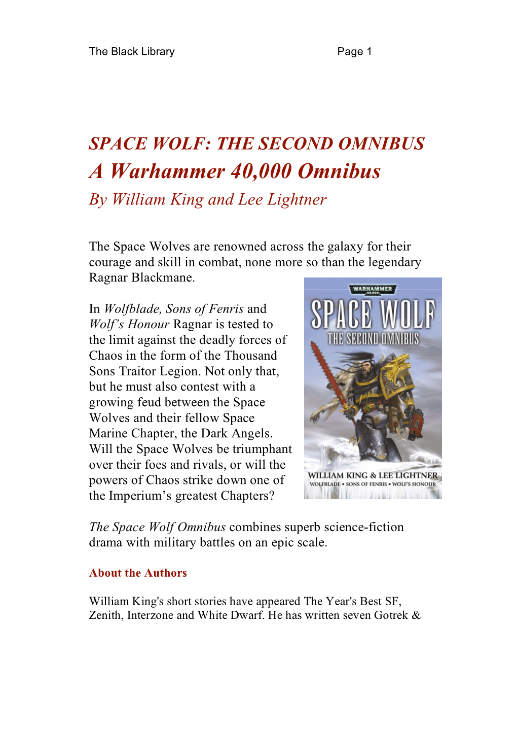 SPACE WOLF: the SECOND OMNIBUS a Warhammer 40,000 Omnibus by William King and Lee Lightner