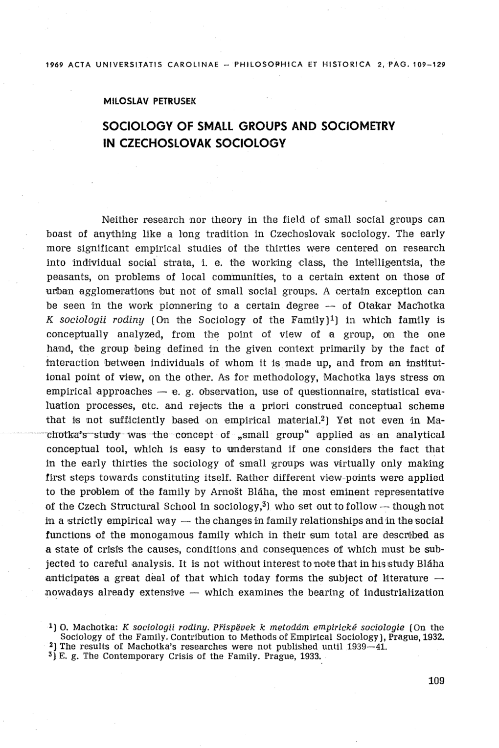 Sociology of Small Groups and Sociometry in Czechoslovak Sociology