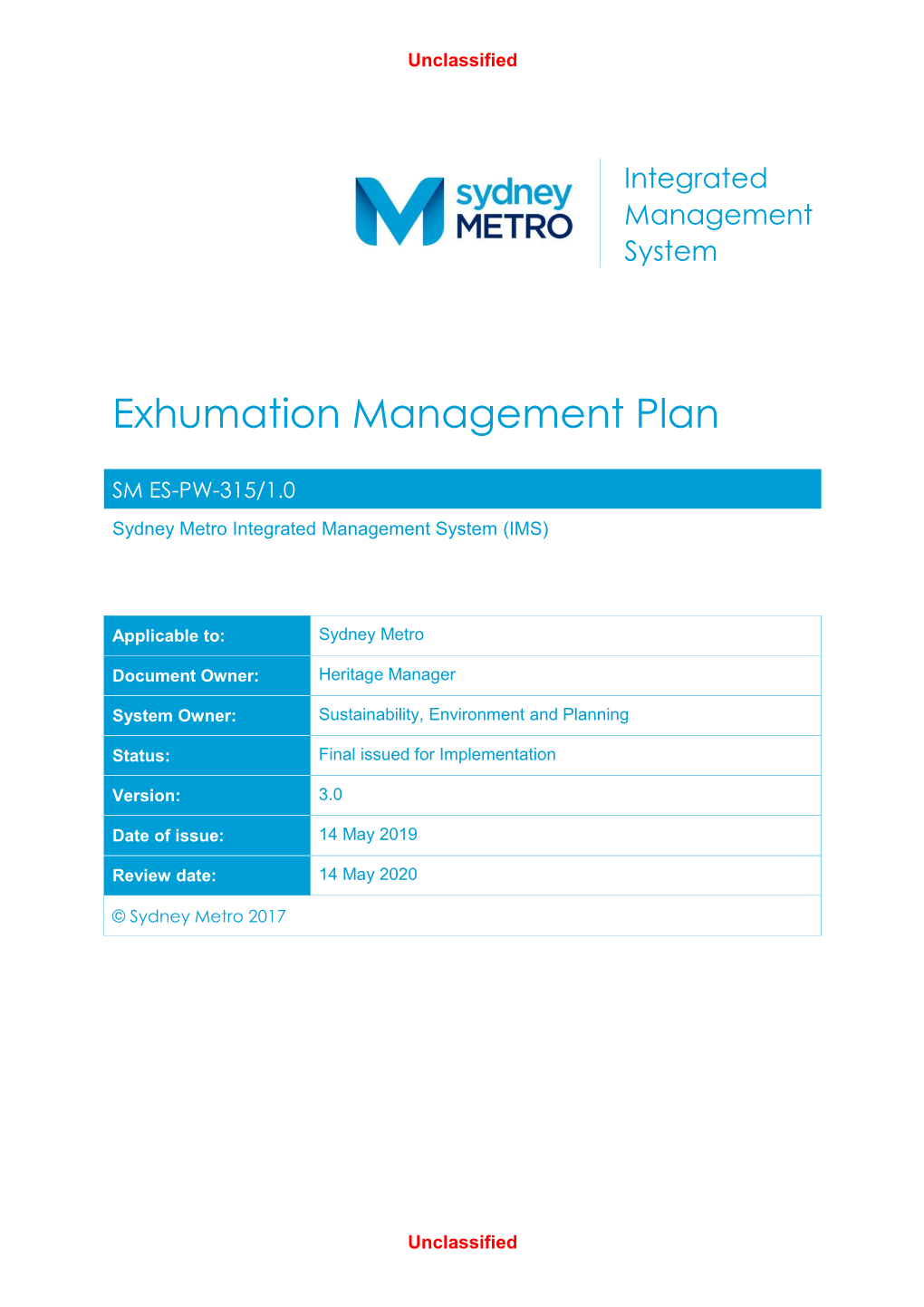 Sydney Metro Exhumation Management Plan