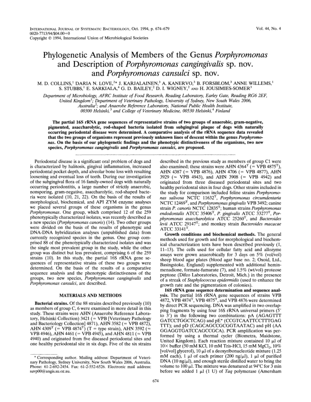 Porphyromonas and Description of Porphyromonas Cangingivalis Sp