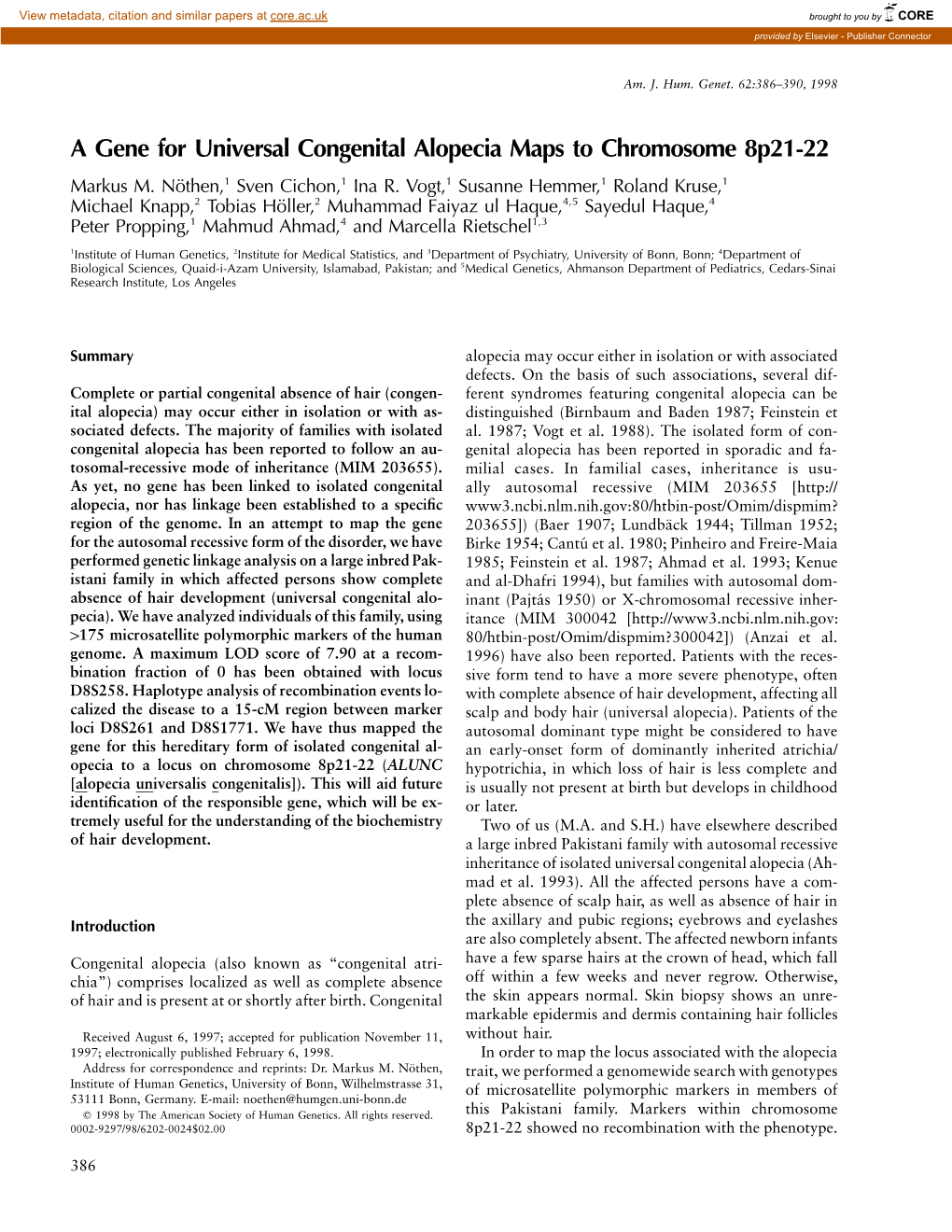 A Gene for Universal Congenital Alopecia Maps to Chromosome 8P21-22 Markus M