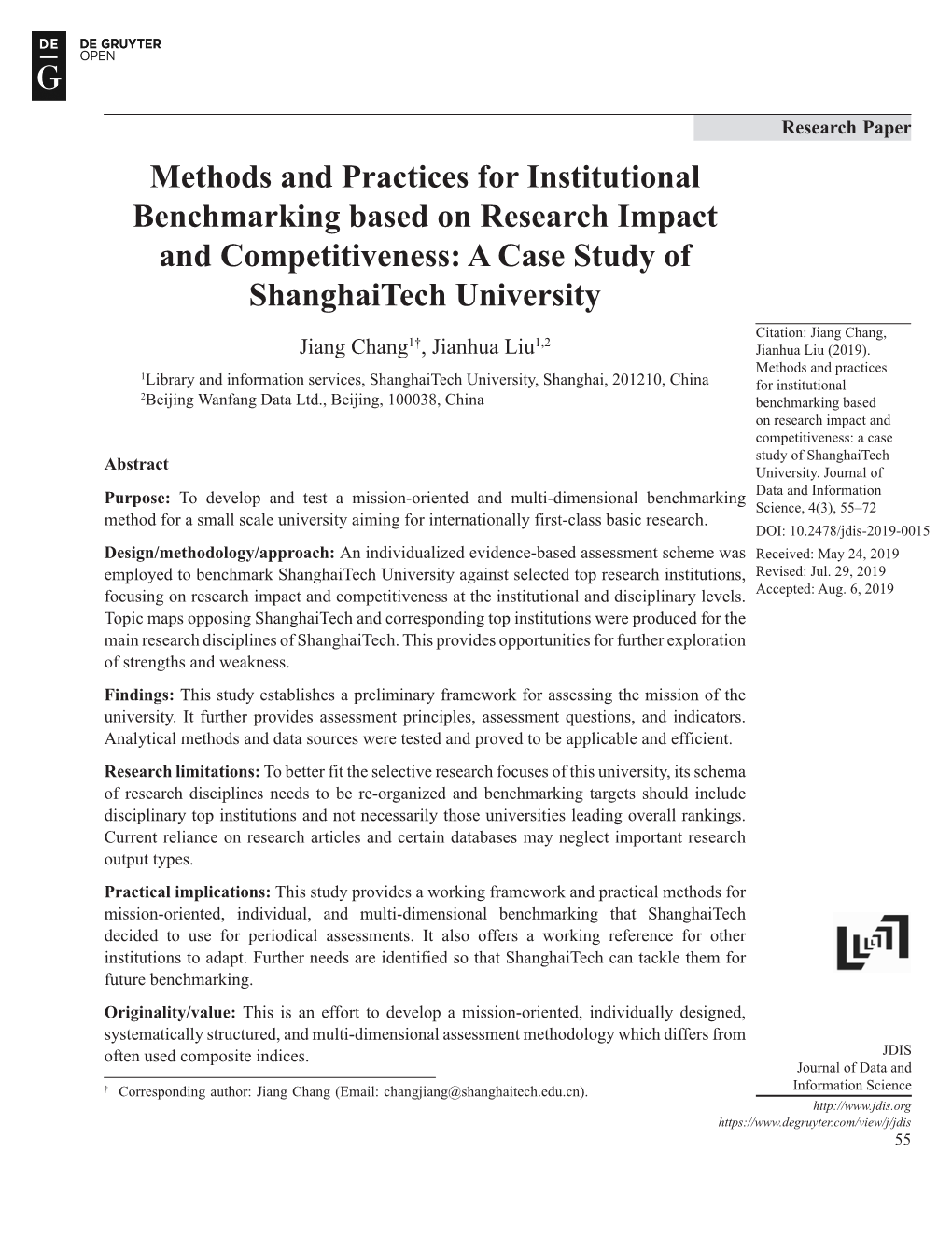 A Case Study of Shanghaitech University Citation: Jiang Chang, 1† 1,2 Jiang Chang , Jianhua Liu Jianhua Liu (2019)