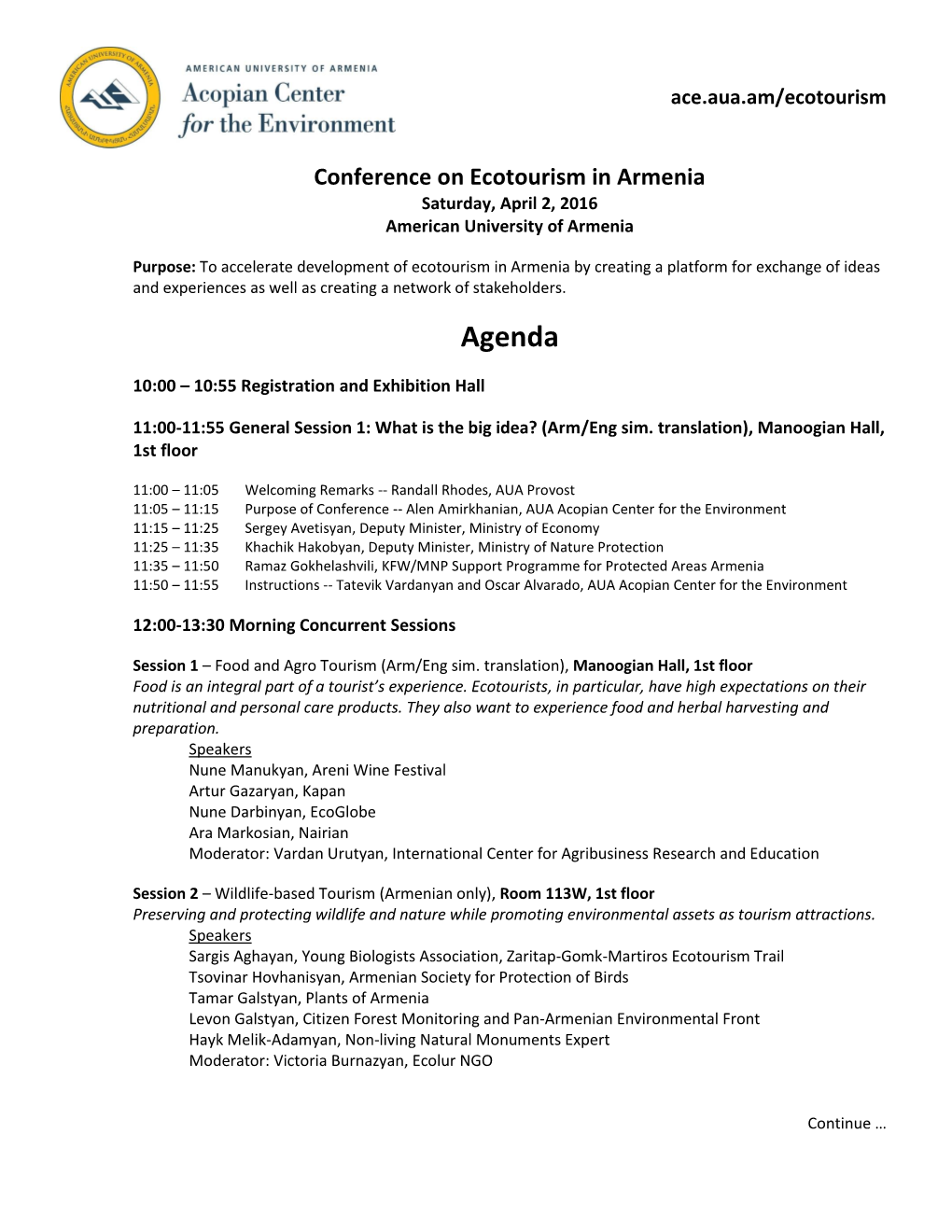 Conference on Ecotourism in Armenia Saturday, April 2, 2016 American University of Armenia