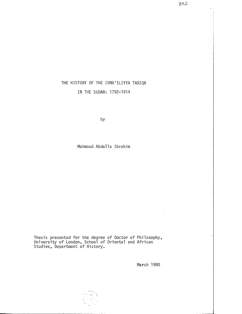 The History of the Isma11liyya Tariqa in the Sudan: 1792-1914