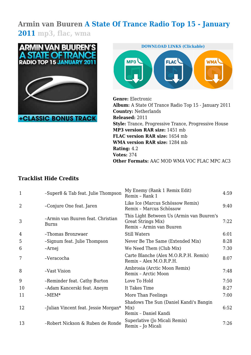 Armin Van Buuren a State of Trance Radio Top 15 - January 2011 Mp3, Flac, Wma