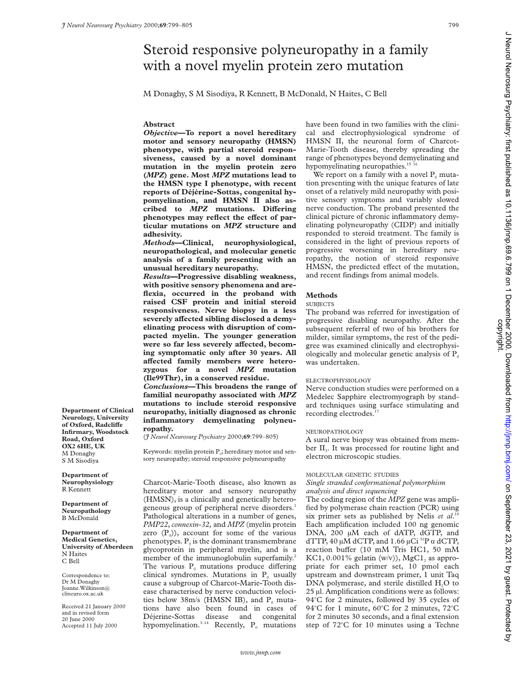 Steroid Responsive Polyneuropathy in a Family with a Novel Myelin Protein Zero Mutation