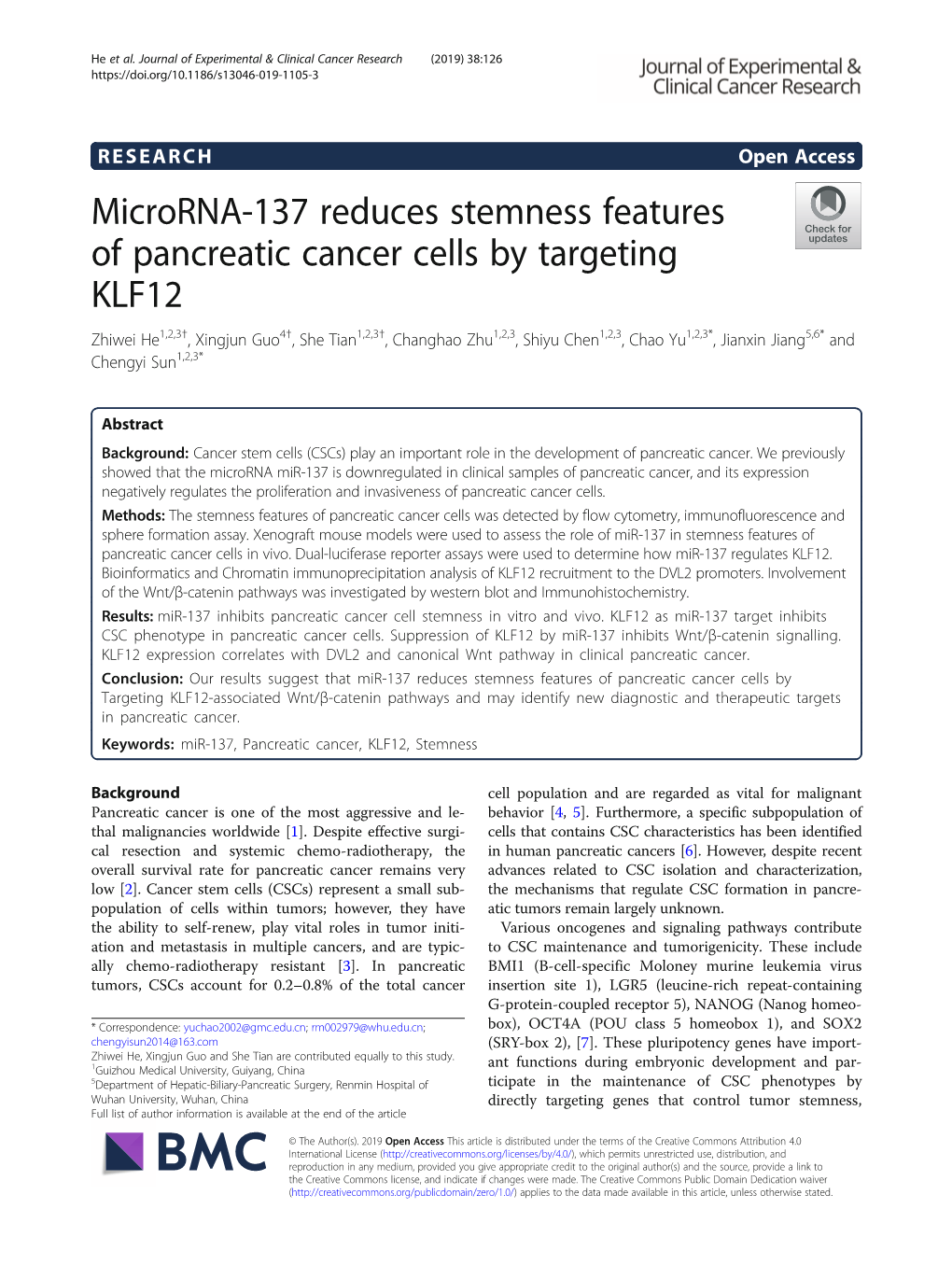 Microrna-137 Reduces Stemness Features of Pancreatic Cancer Cells