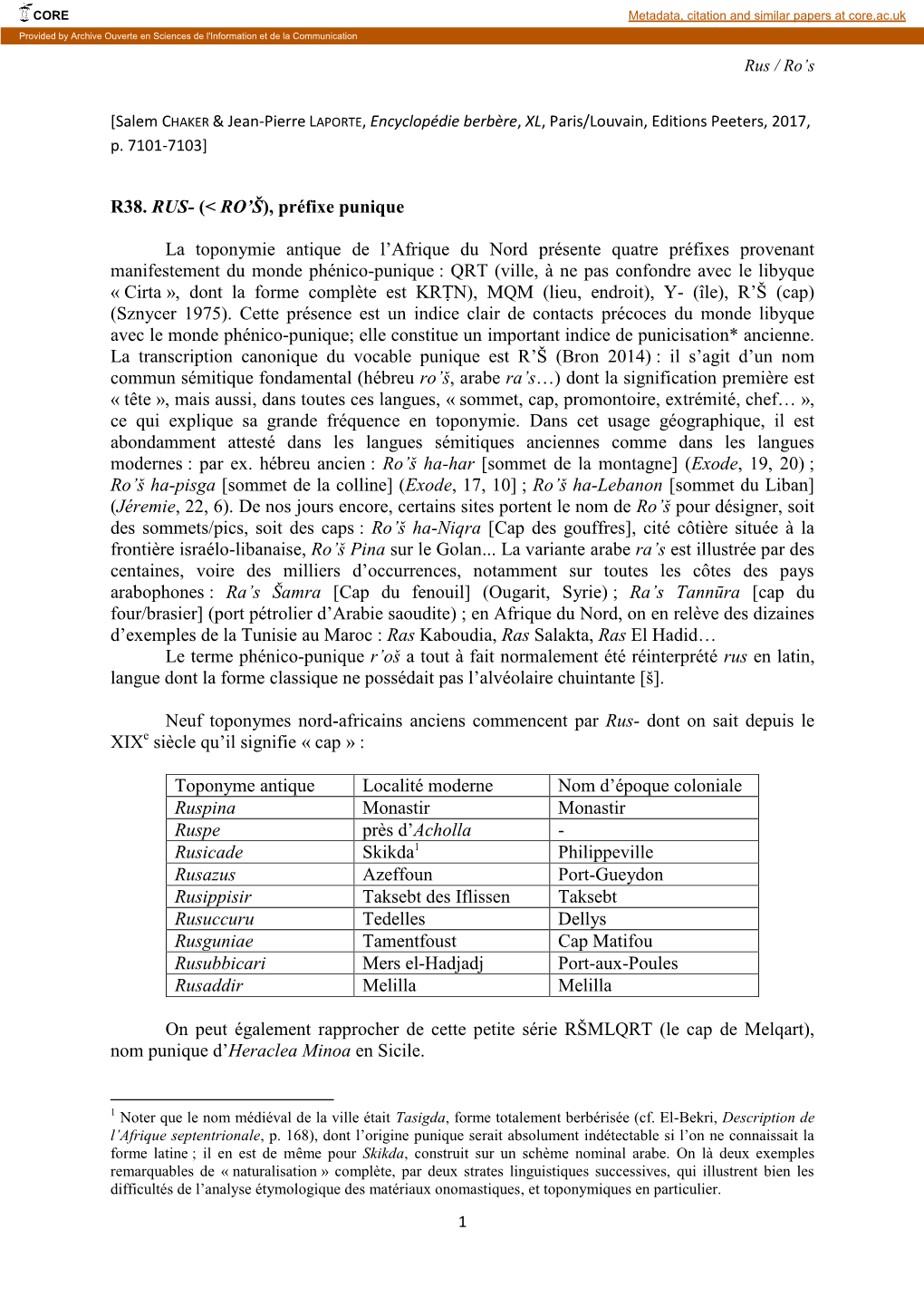 RO'š), Préfixe Punique La Toponymie Antique De L'afrique Du