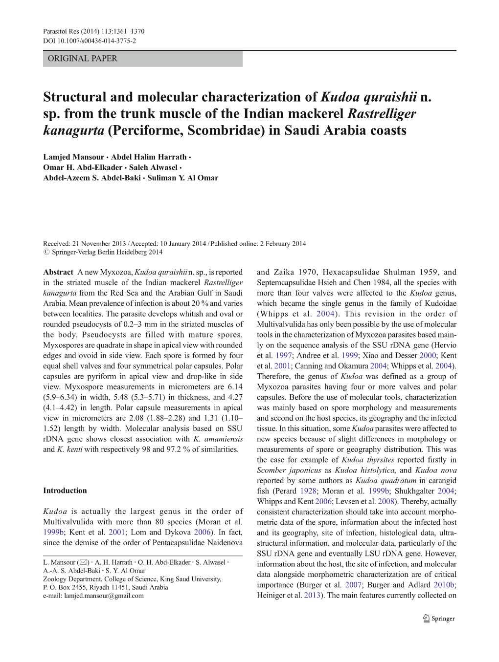 Structural and Molecular Characterization of Kudoa Quraishii N