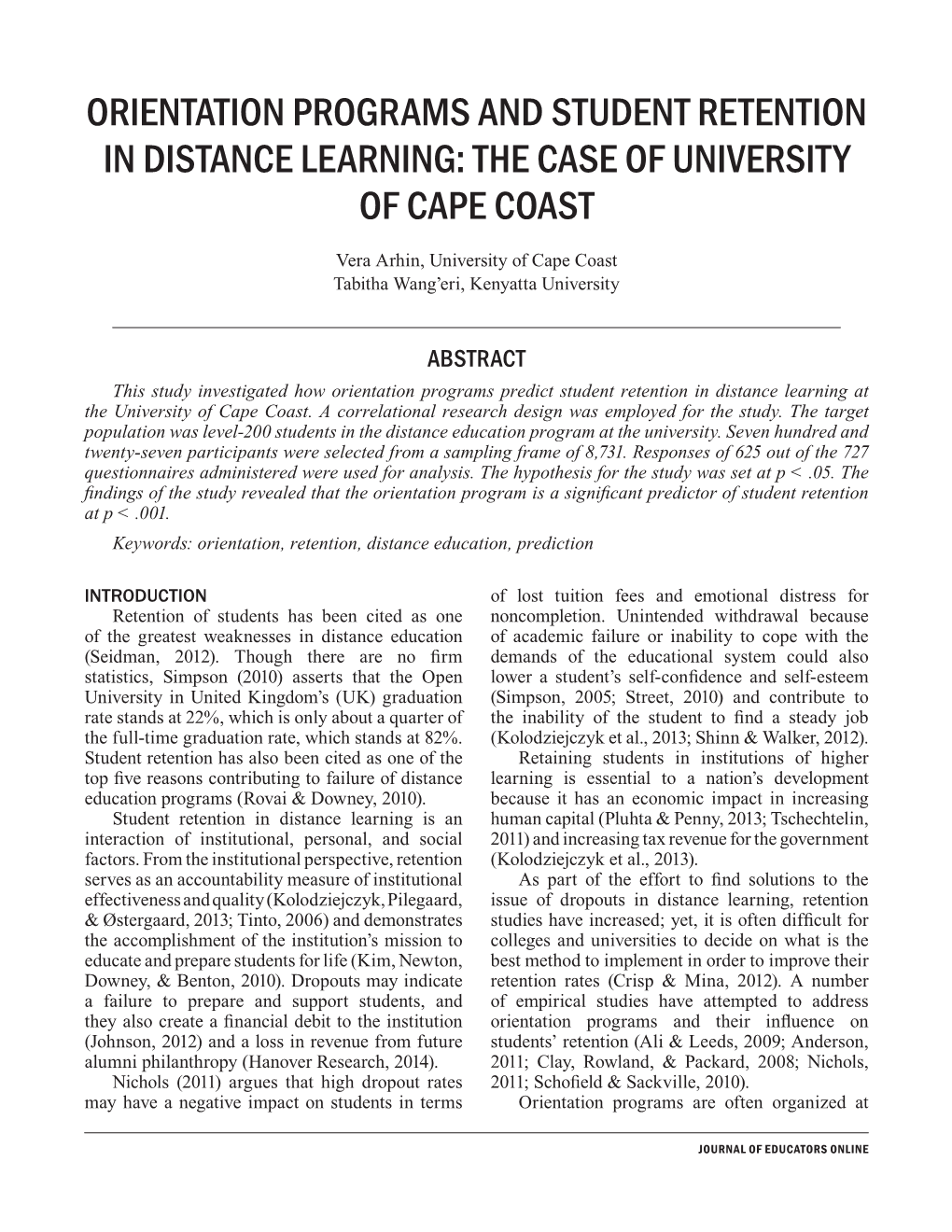 Orientation Programs and Student Retention in Distance Learning: the Case of University of Cape Coast