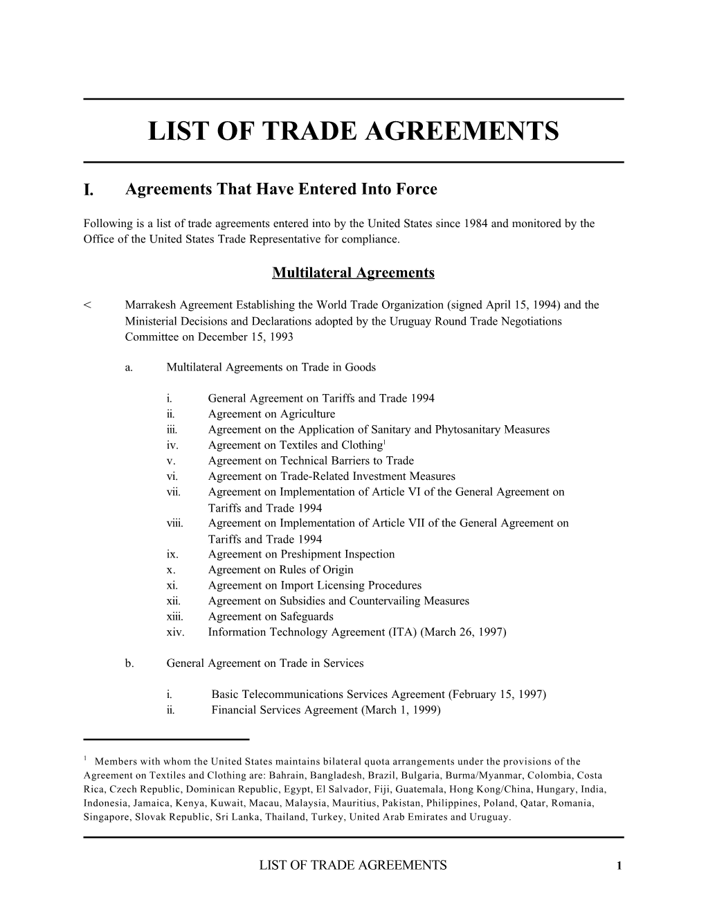 List of Trade Agreements