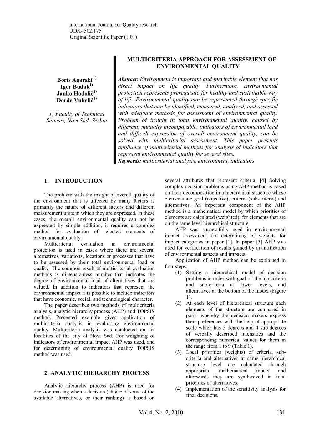 Multicriteria Approach for Assessment of Environmental Quality