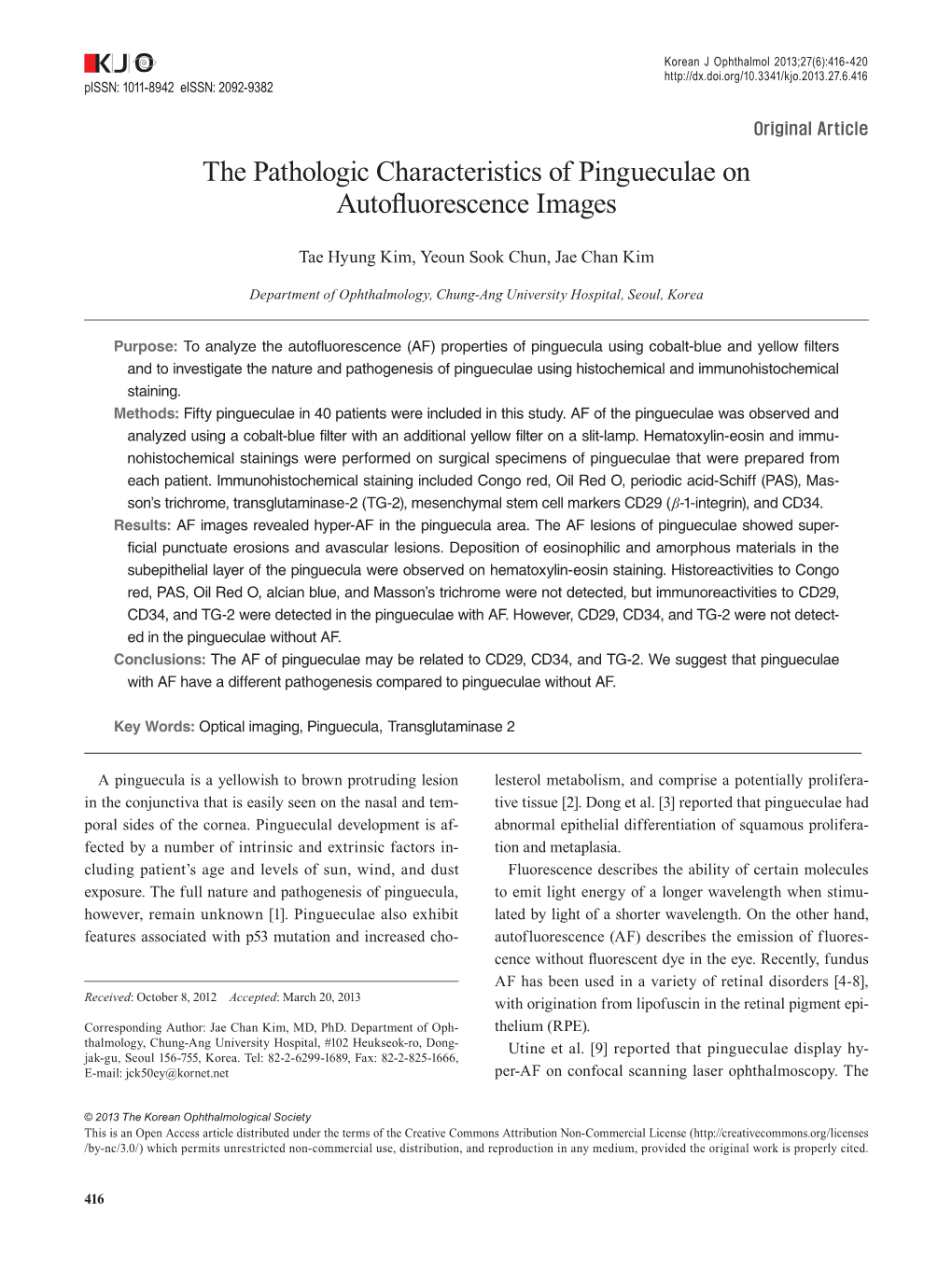 The Pathologic Characteristics of Pingueculae on Autofluorescence Images