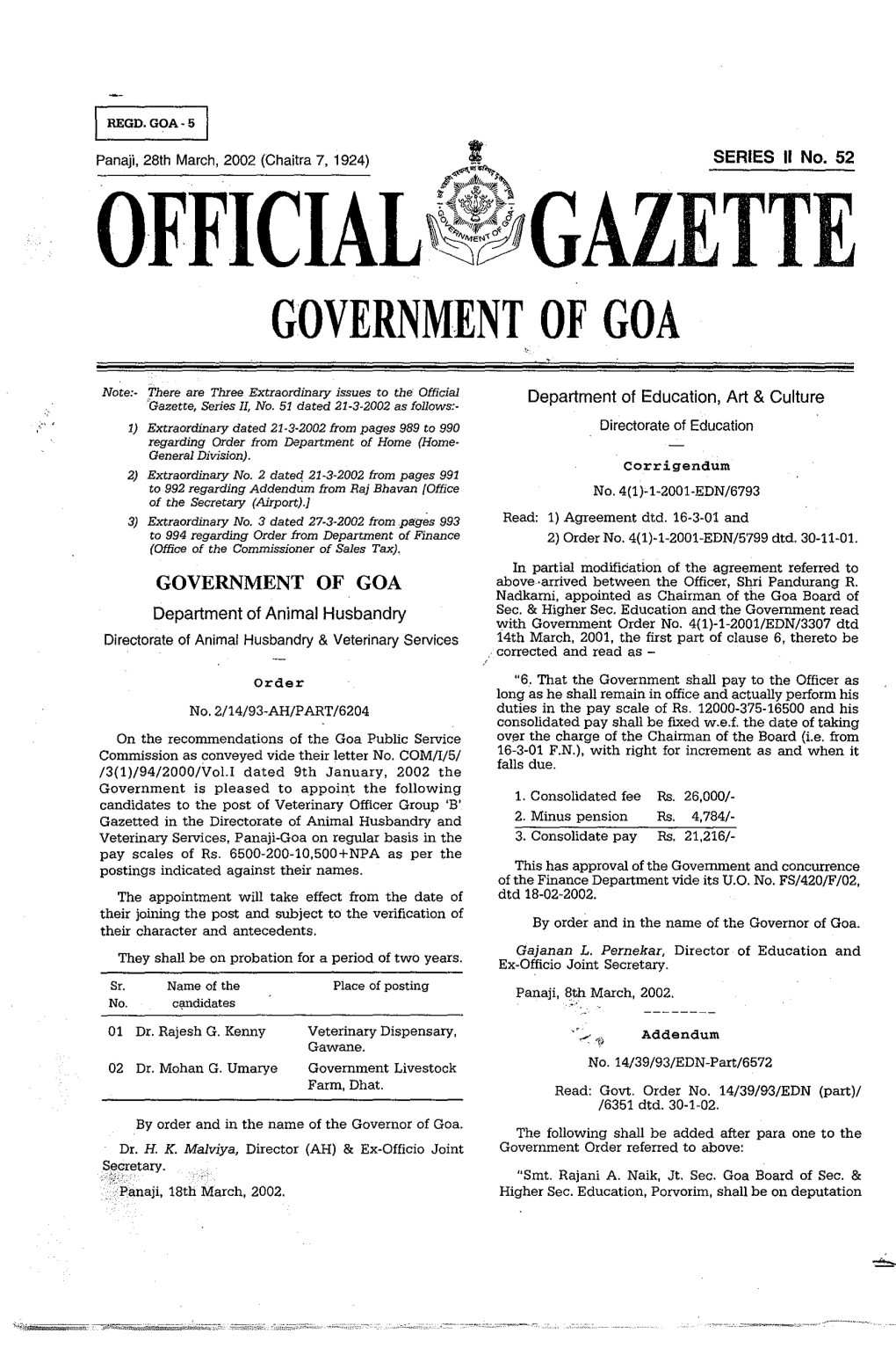 Gazette Government of Goa