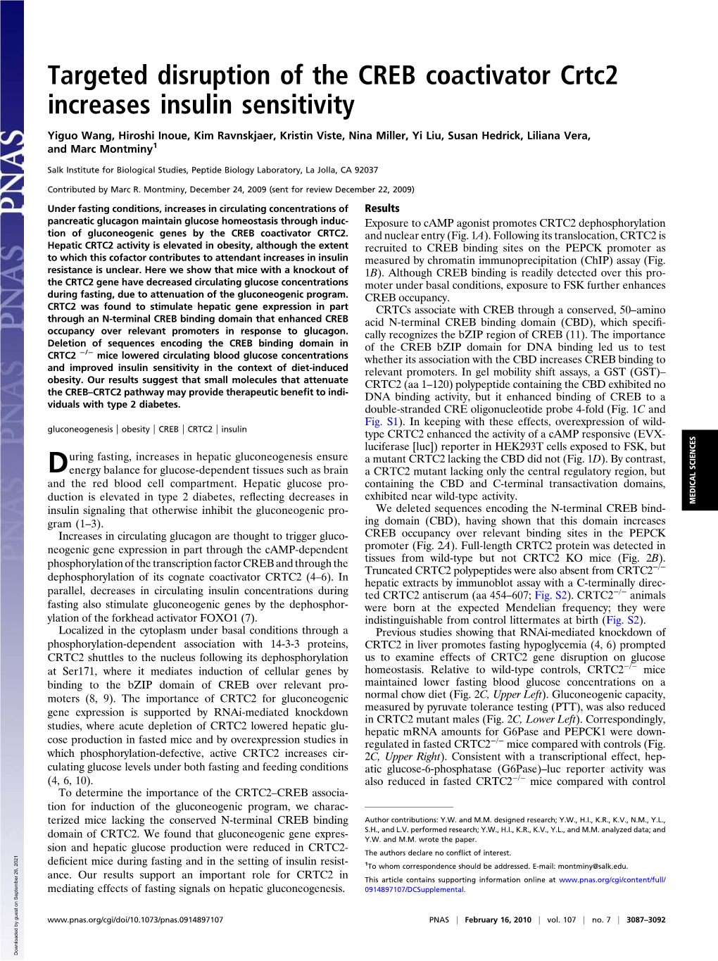 Targeted Disruption of the CREB Coactivator Crtc2 Increases Insulin Sensitivity