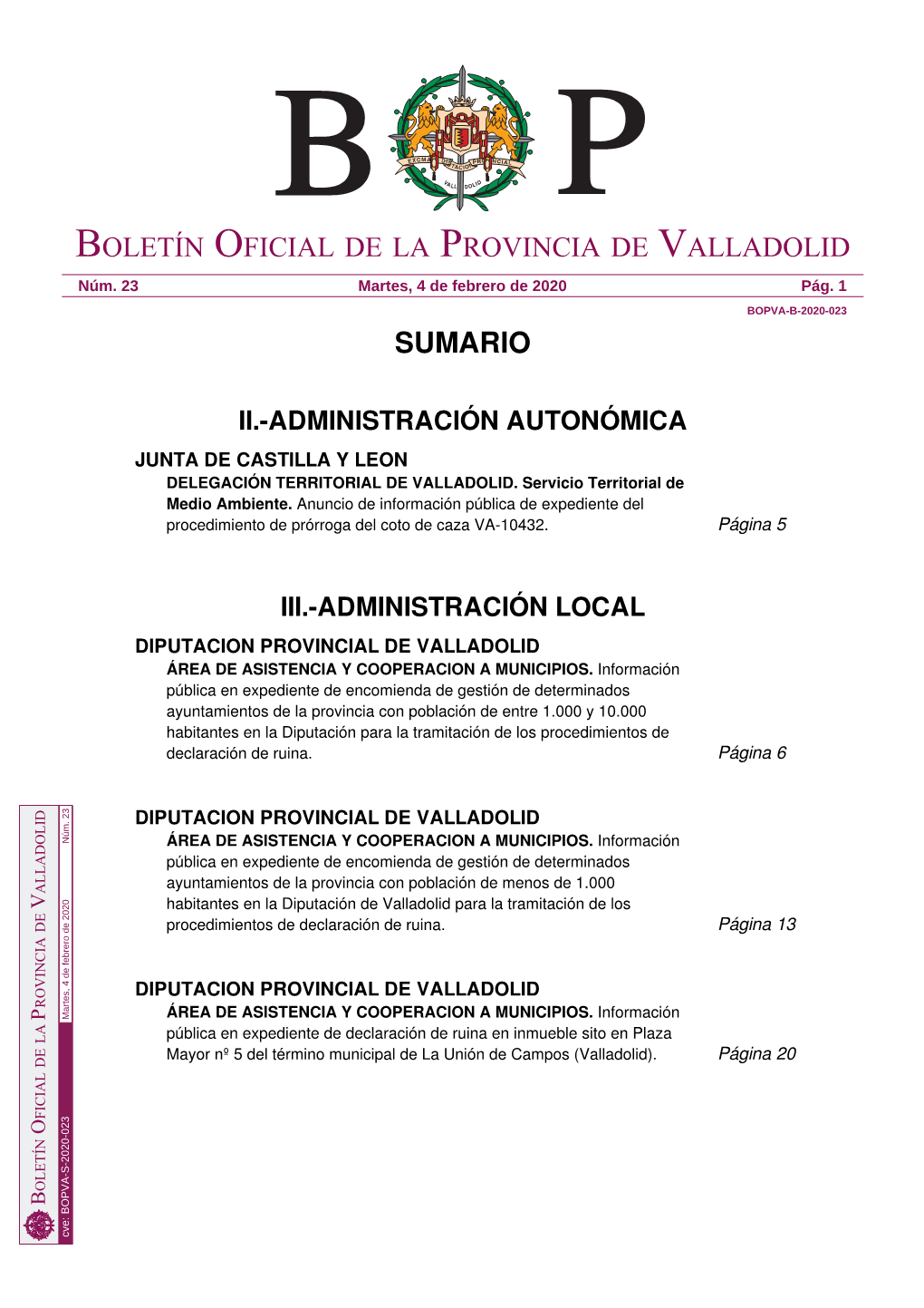 Sumario Boletín Oficial De La Provincia De Valladolid