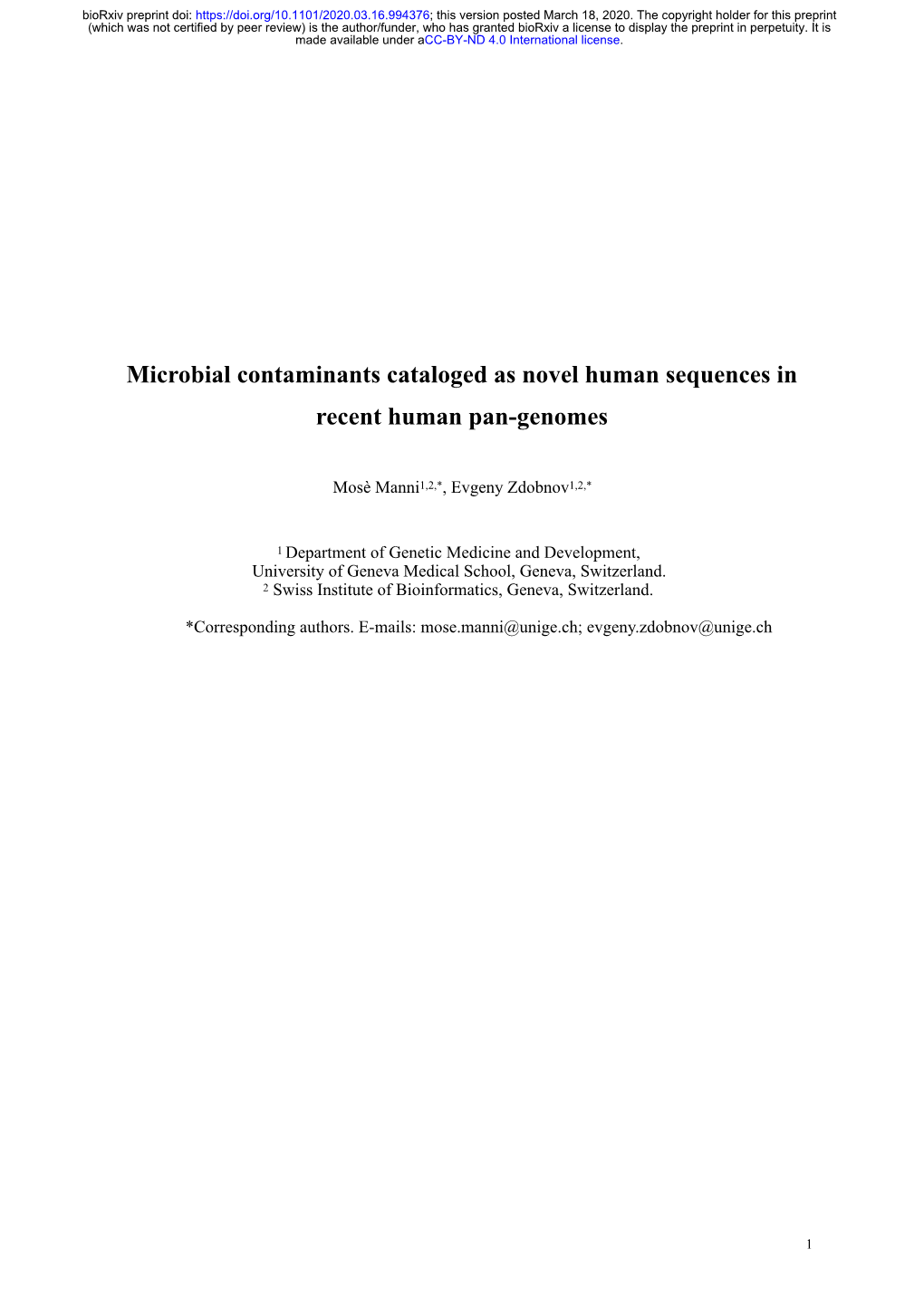 Microbial Contaminants Cataloged As Novel Human Sequences in Recent Human Pan-Genomes