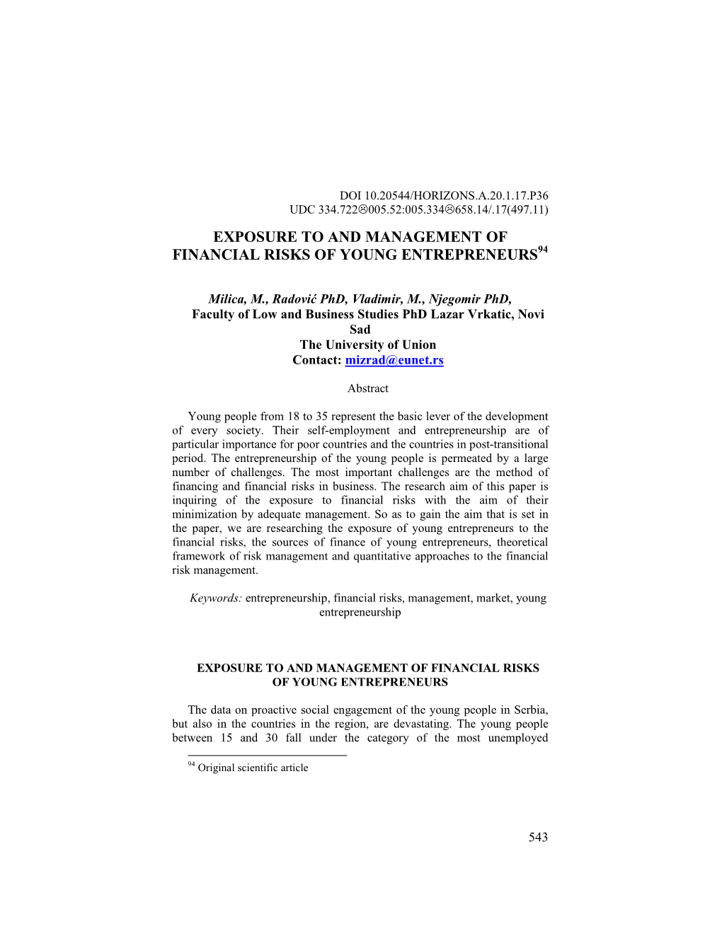 Exposure to and Management of Financial Risks of Young Entrepreneurs 94