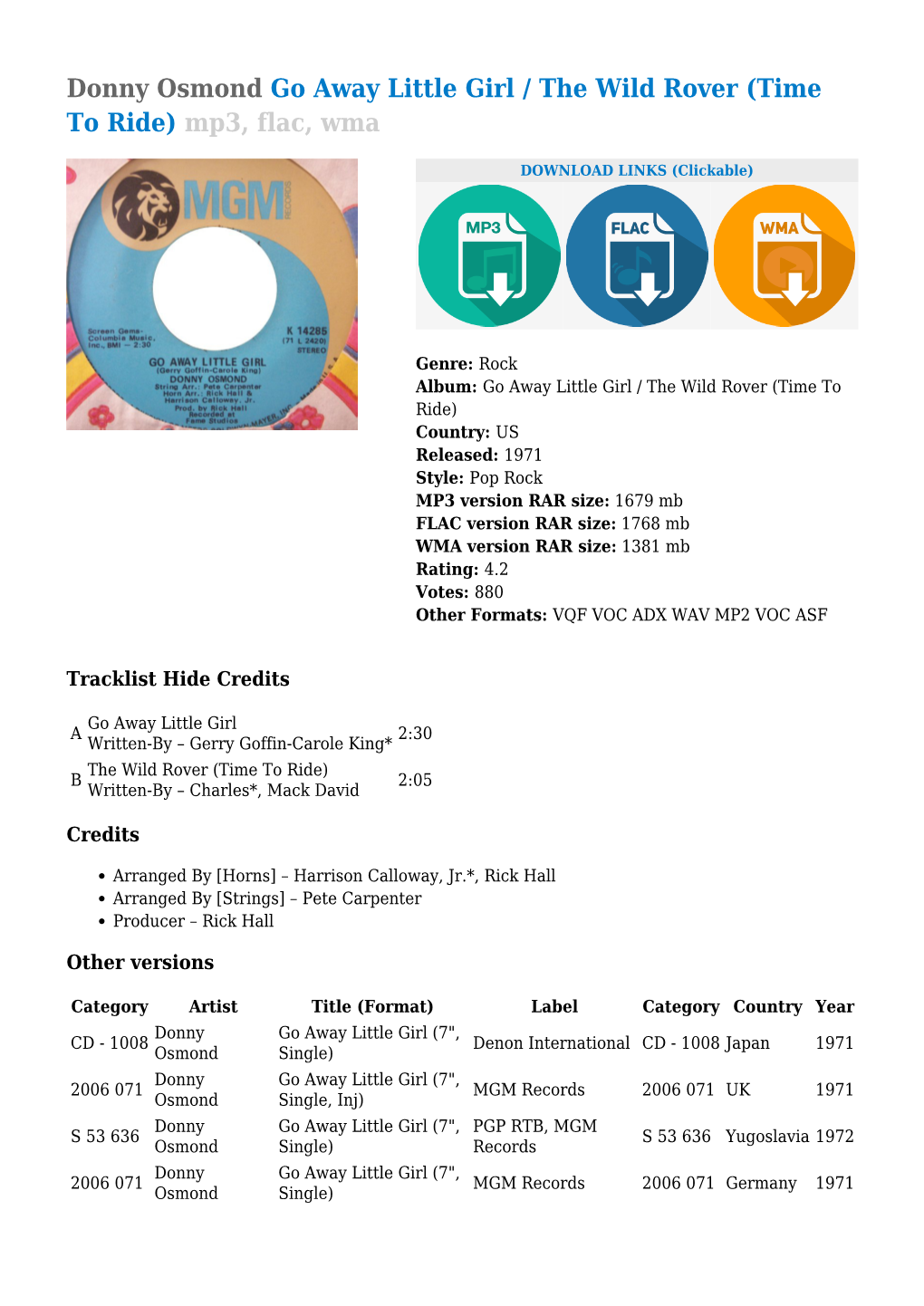 Donny Osmond Go Away Little Girl / the Wild Rover (Time to Ride) Mp3, Flac, Wma