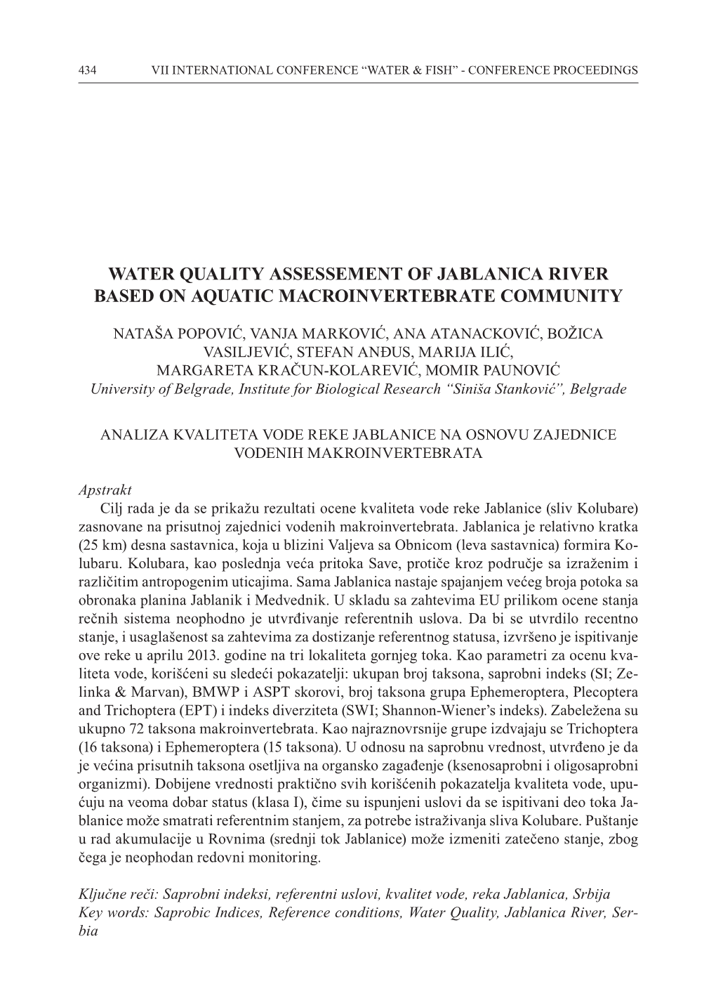 Water Quality Assessement of Jablanica River Based on Aquatic Macroinvertebrate Community