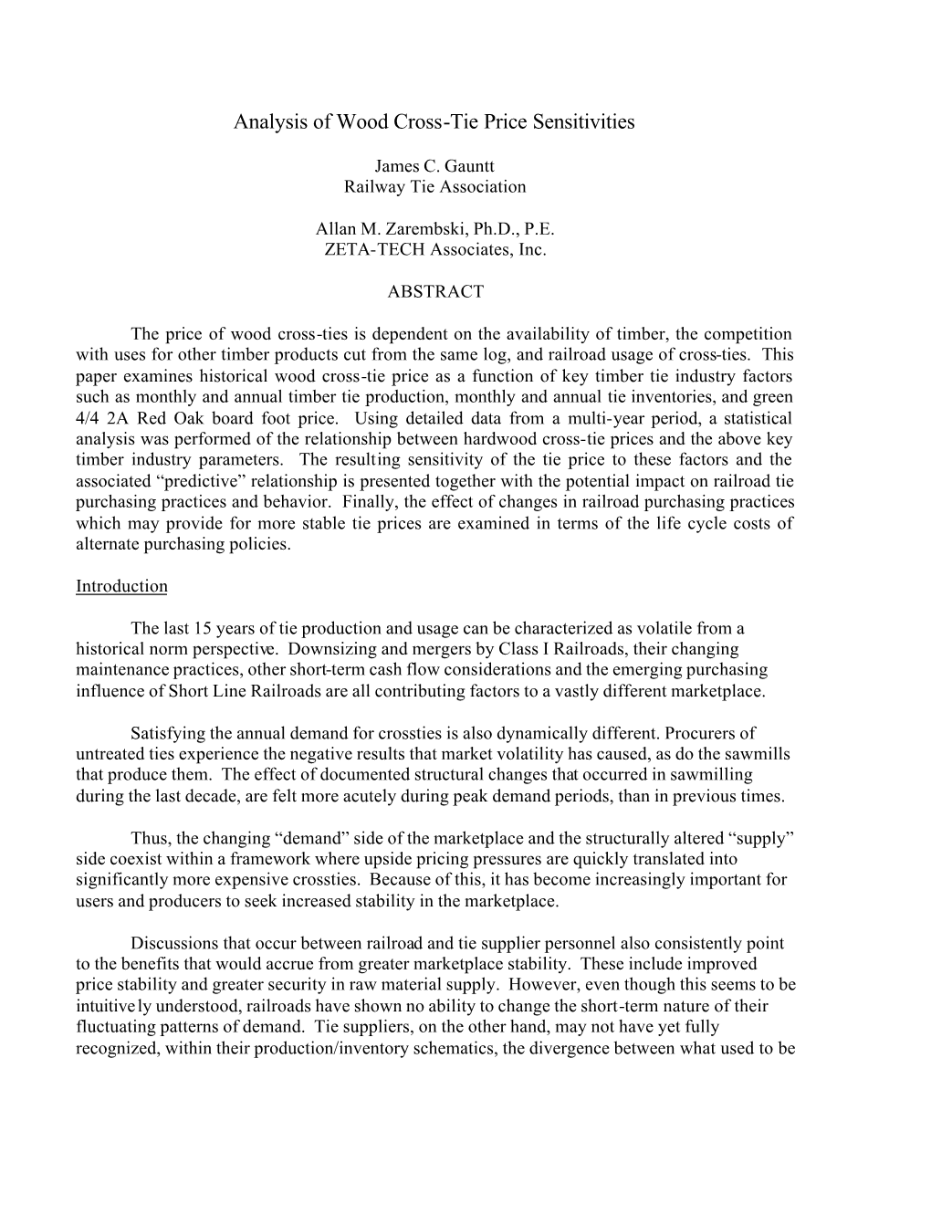 Analysis of Wood Crosstie Price Sensitivities