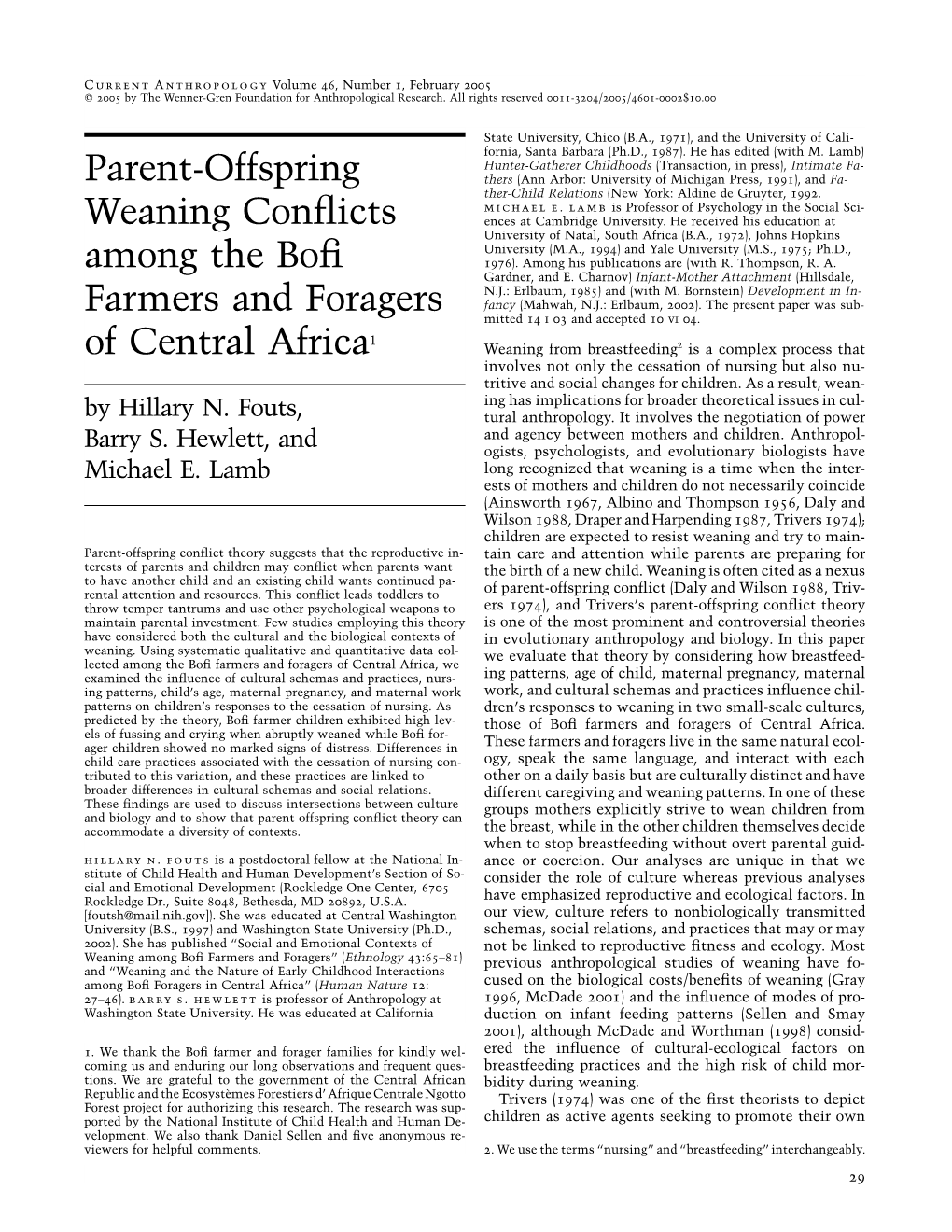 Parent-Offspring Weaning Conflicts Among the Bofi Farmers And