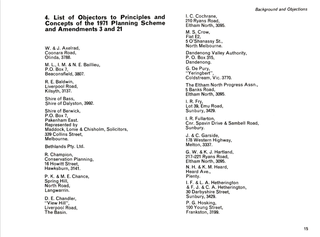 4. List of Objectors to Principles and Concepts of the 1971 Planning