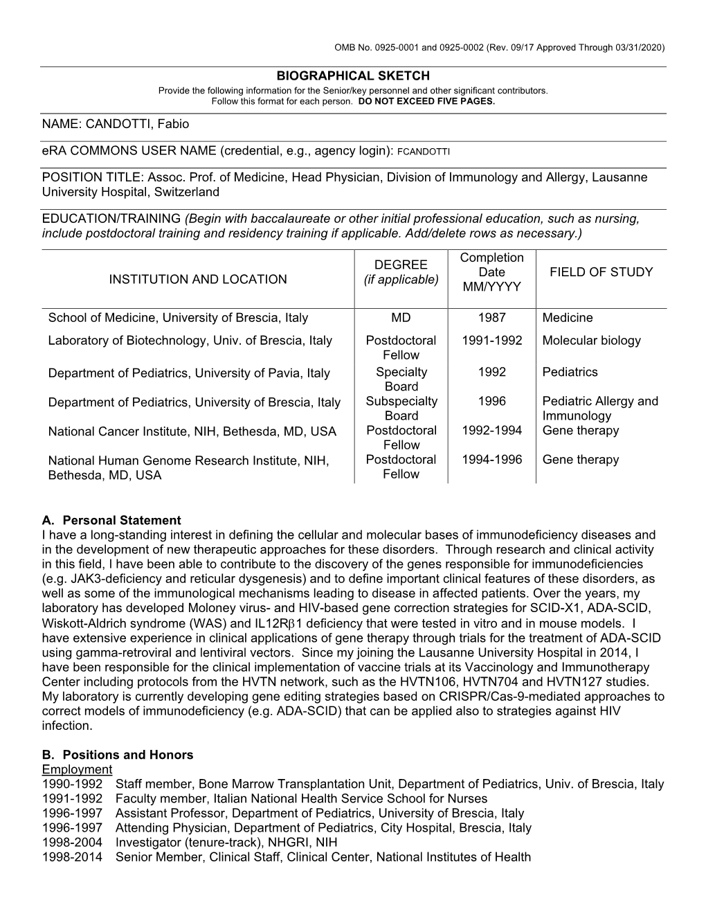 OMB No. 0925-0046, Biographical Sketch Format Page