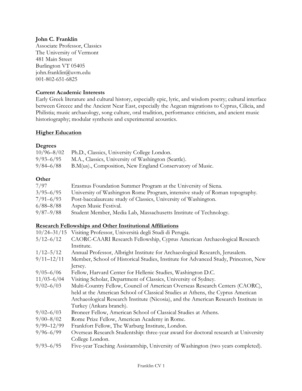 John Franklin's CV