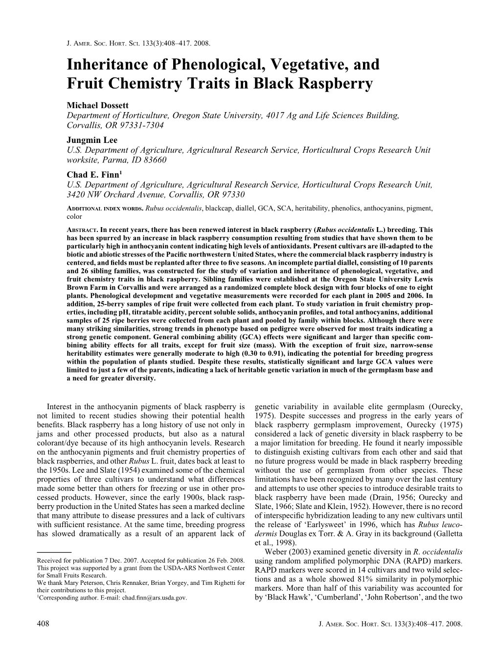 Inheritance of Phenological, Vegetative, and Fruit Chemistry Traits in Black Raspberry