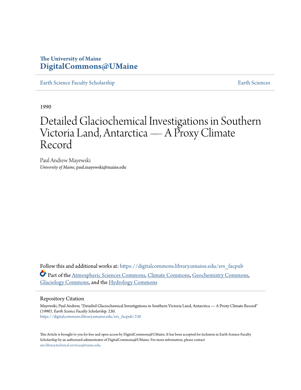 Detailed Glaciochemical Investigations in Southern Victoria Land, Antarctica — a Proxy Climate Record