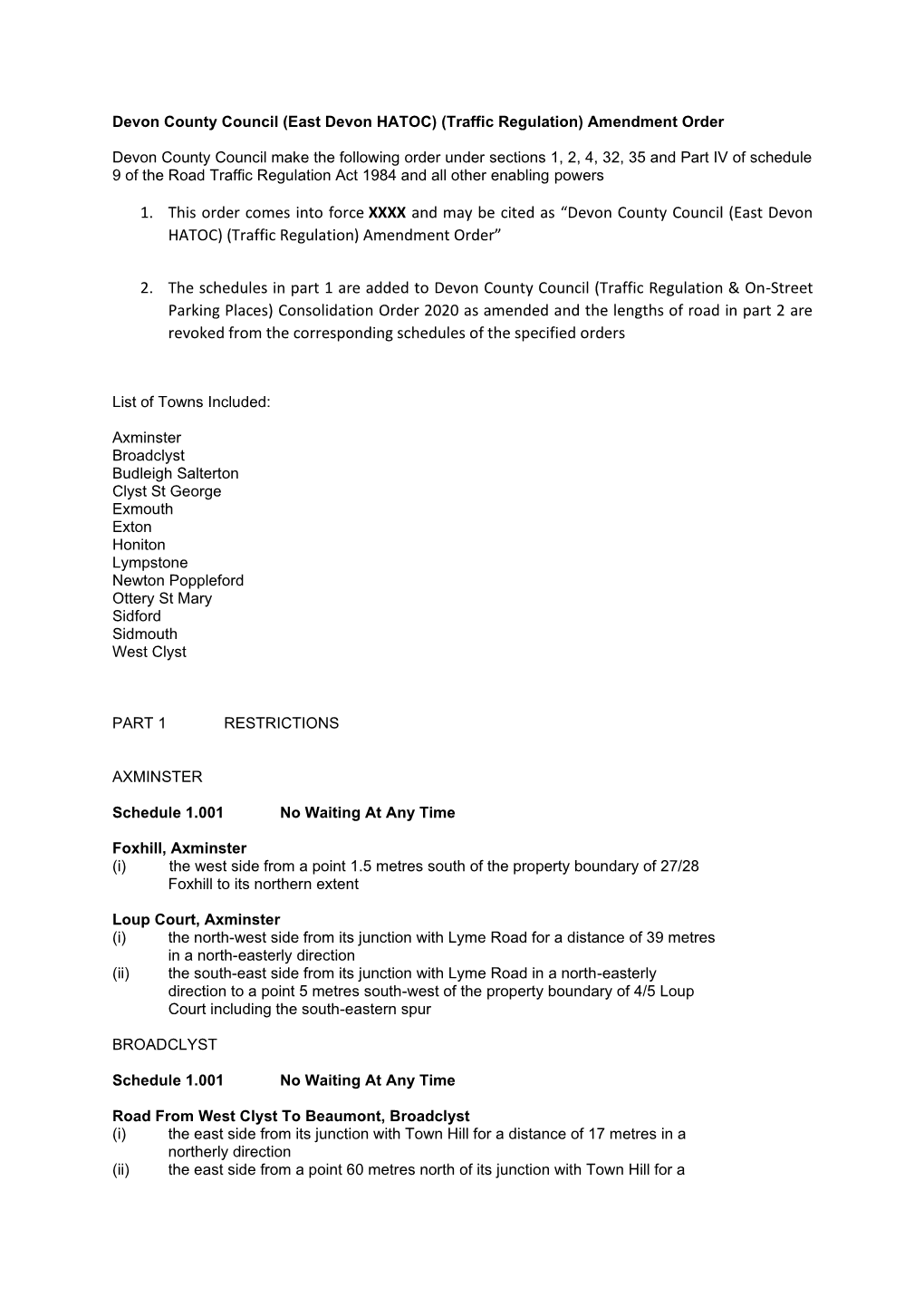 (East Devon HATOC) (Traffic Regulation) Amendment Order