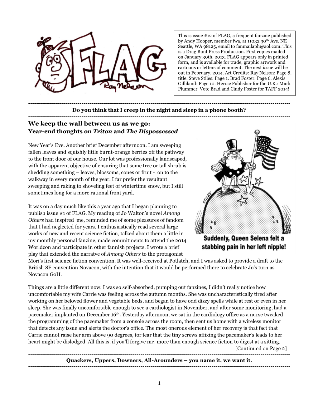 FLAG, a Frequent Fanzine Published by Andy Hooper, Member Fwa, at 11032 30Th Ave