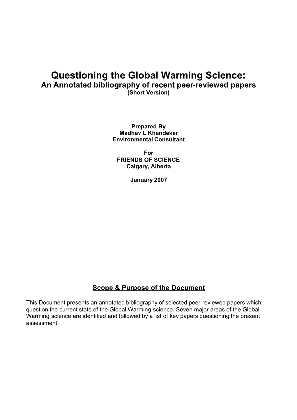 Questioning the Global Warming Science: an Annotated Bibliography of Recent Peer-Reviewed Papers (Short Version)