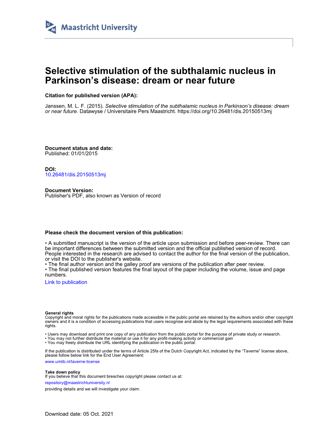 Selective Stimulation of the Subthalamic Nucleus in Parkinson's