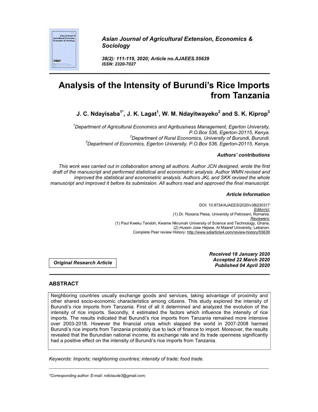 Analysis of the Intensity of Burundi's Rice Imports from Tanzania