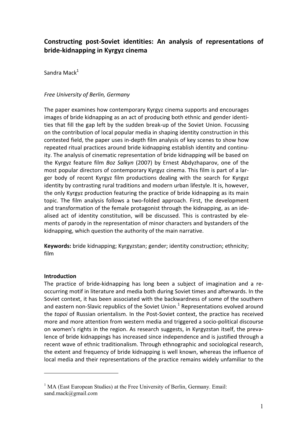 An Analysis of Representations of Bride-Kidnapping in Kyrgyz Cinema