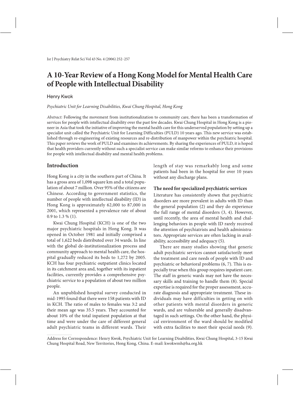 A 10-Year Review of a Hong Kong Model for Mental Health Care of People with Intellectual Disability