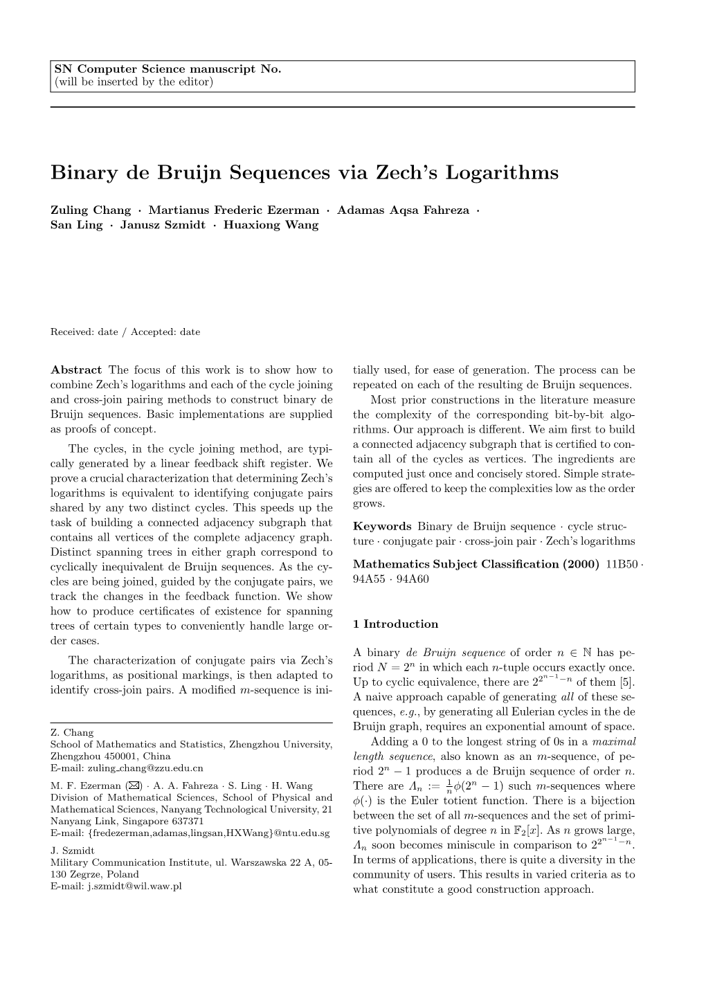 Binary De Bruijn Sequences Via Zech's Logarithms