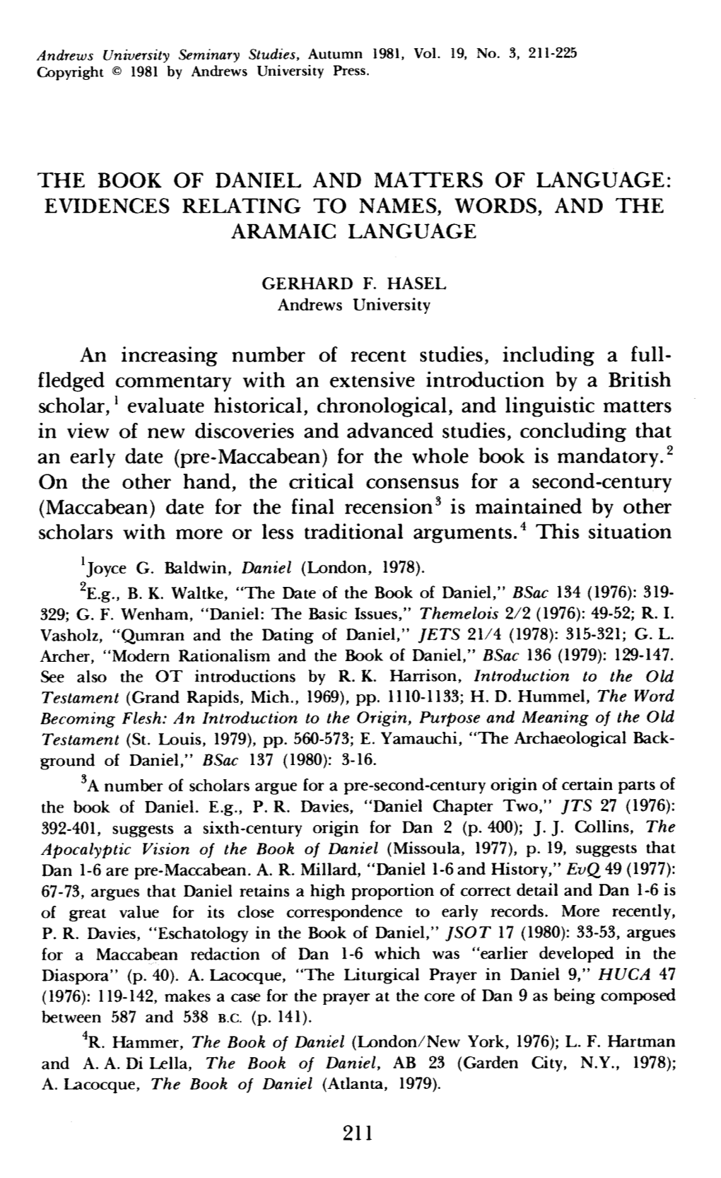 The Book of Daniel and Matters of Language: Evidences Relating to Names, Words, and the Aramaic Language