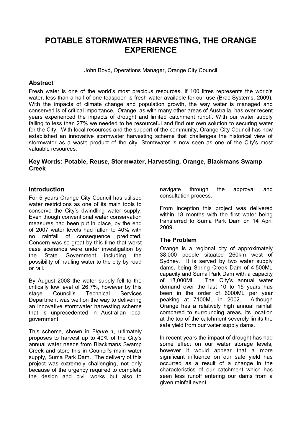 Potable Stormwater Harvesting, the Orange Experience