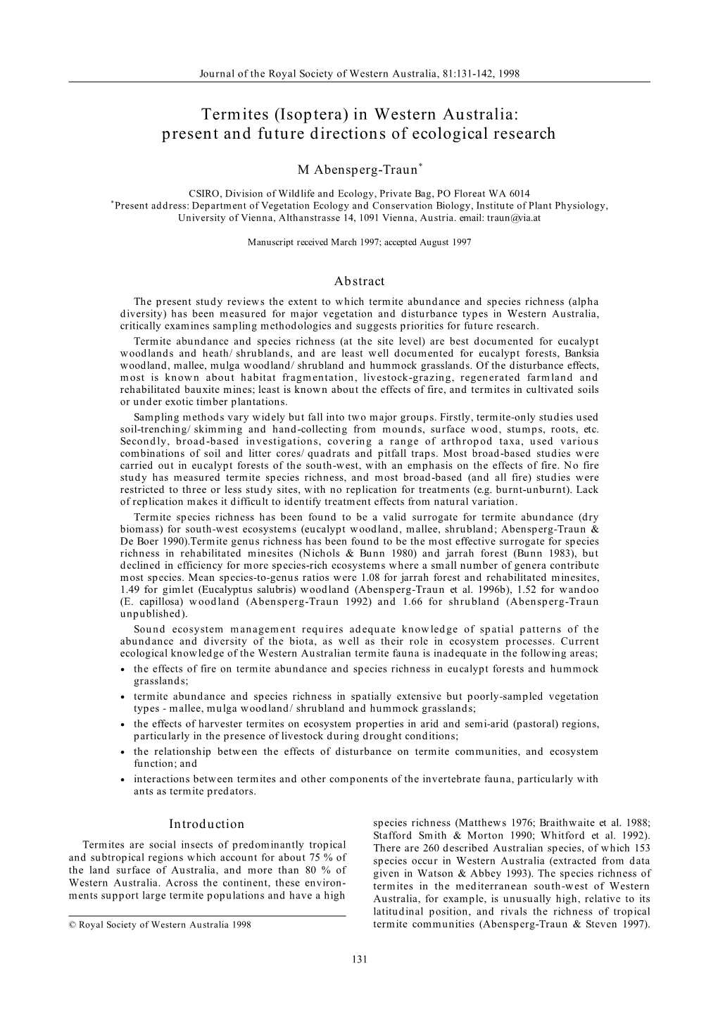 Termites (Isoptera) in Western Australia: Present and Future Directions of Ecological Research