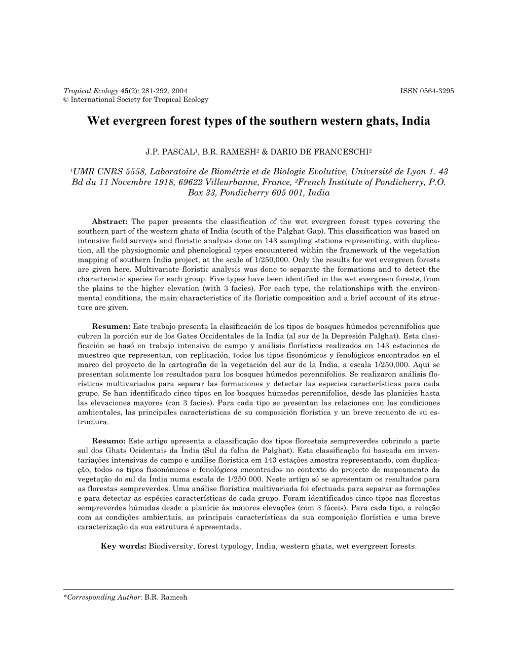 Wet Evergreen Forest Types of the Southern Western Ghats, India