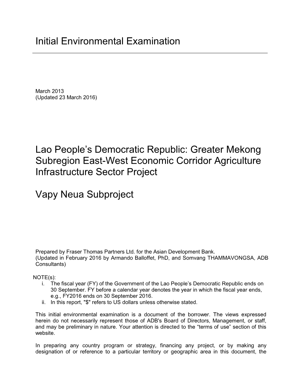 Initial Environmental Examination Lao People's Democratic Republic
