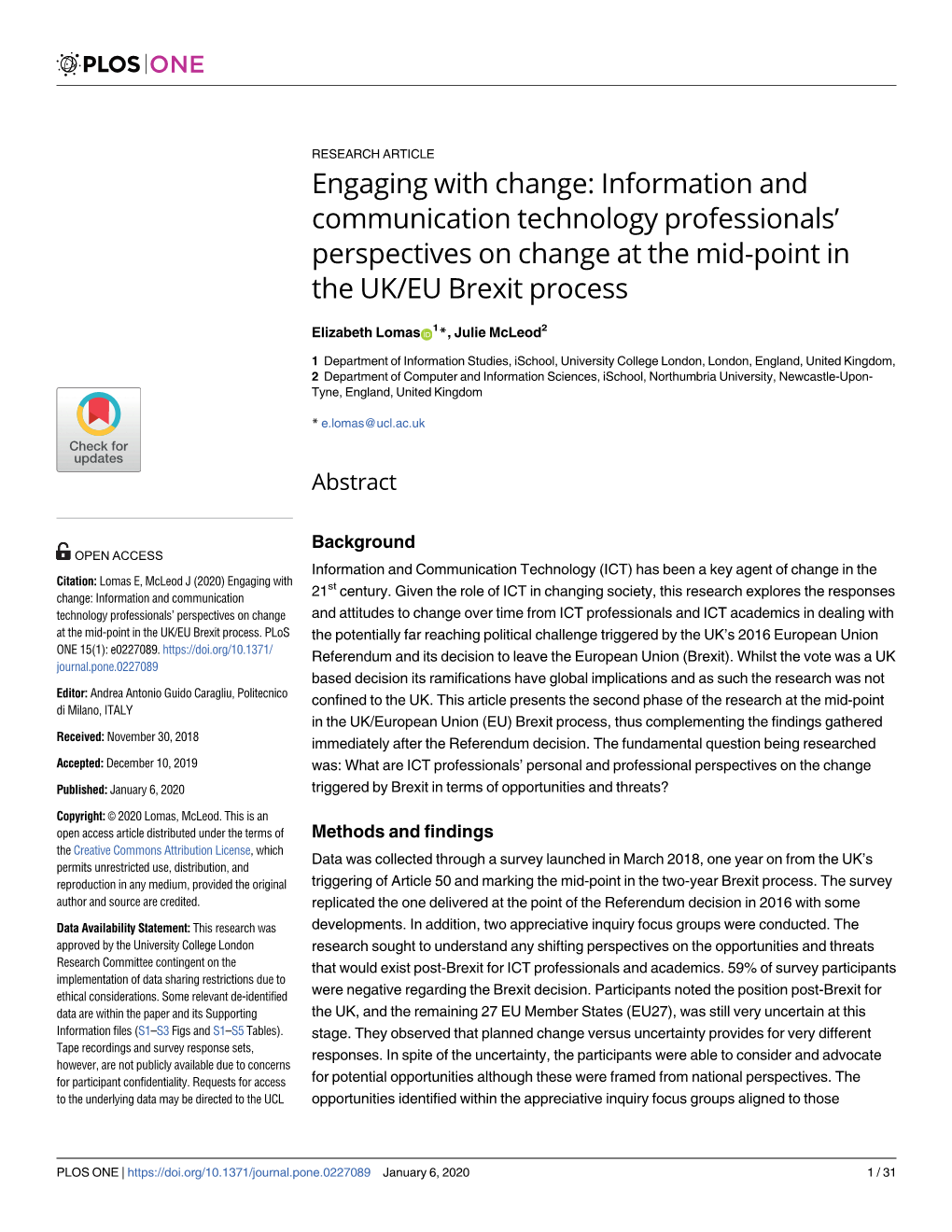 Information and Communication Technology Professionals’ Perspectives on Change at the Mid-Point in the UK/EU Brexit Process